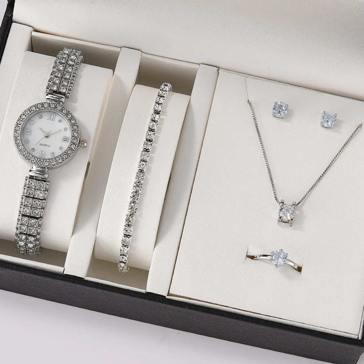 Women Quartz Watch Luxury Diamonds, Simple Stainless Steel Strap, Ring, Necklace, Earrings.