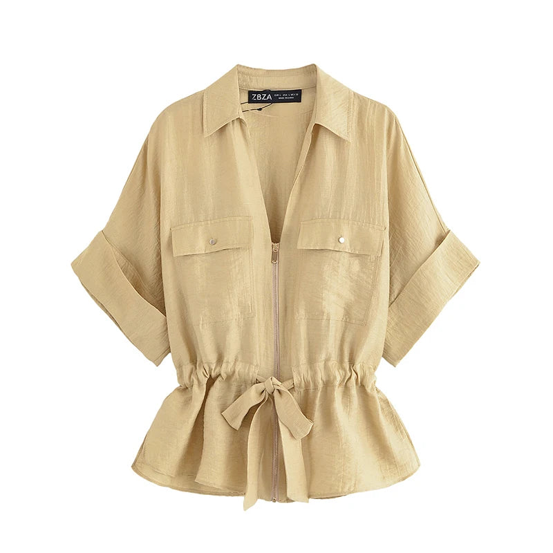 Women Fashion 2 Piece Set Solid Front Zipper Shirts & Vintage High Elastic Waist Trousers Female.