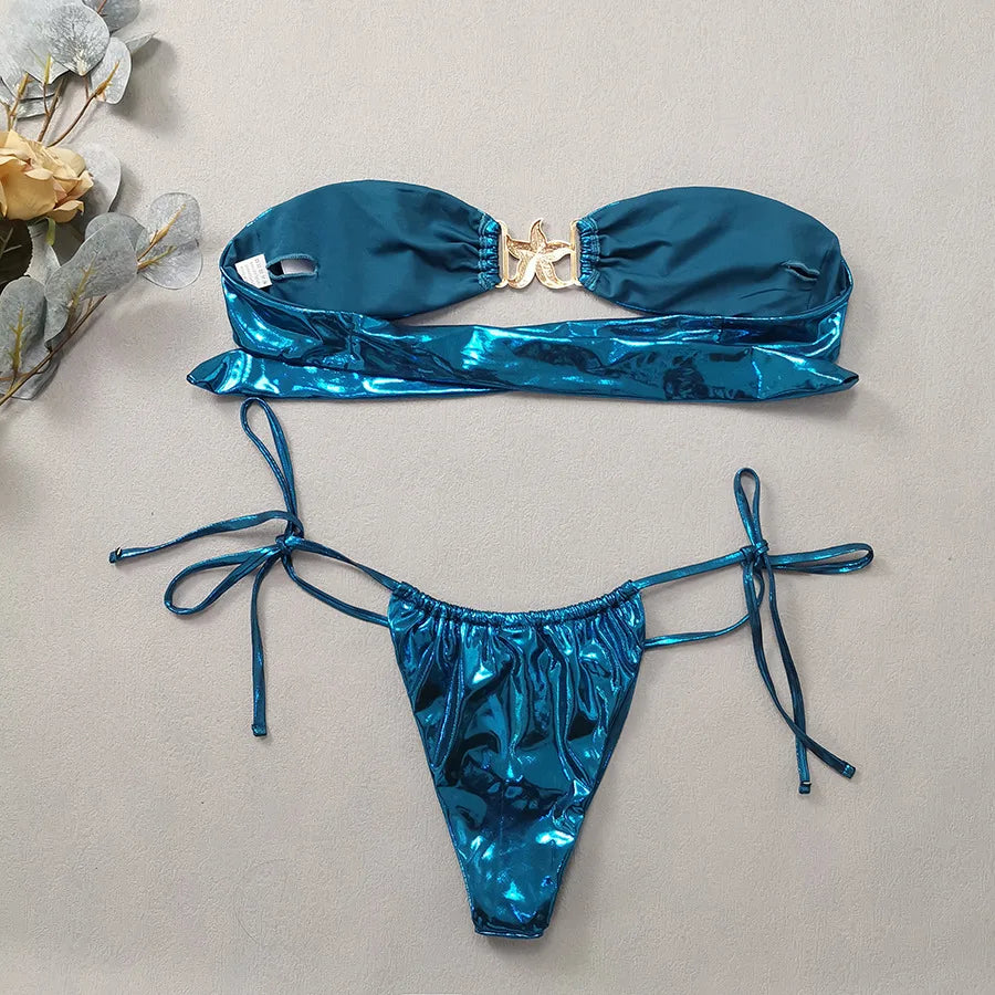 Gem Blue Glossy Bikini , Summer Beach Vacation Outfits, Thong Bathing Suit.