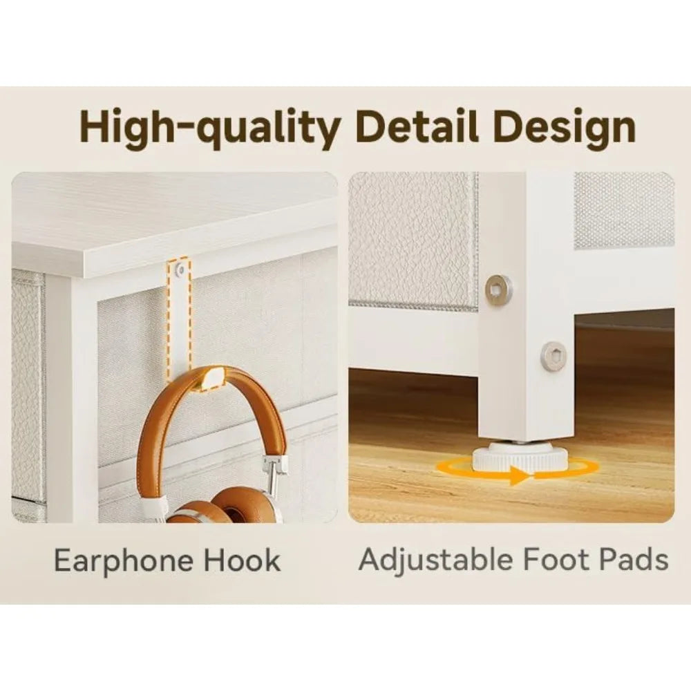 48-Inch White Desk with 8 Fabric Drawers for Modern Home Office.