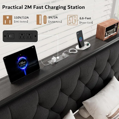 Full Bed Frame with 2 Storage Drawers Upholstered Headboard  Charging Station No Box Spring Needed Metal