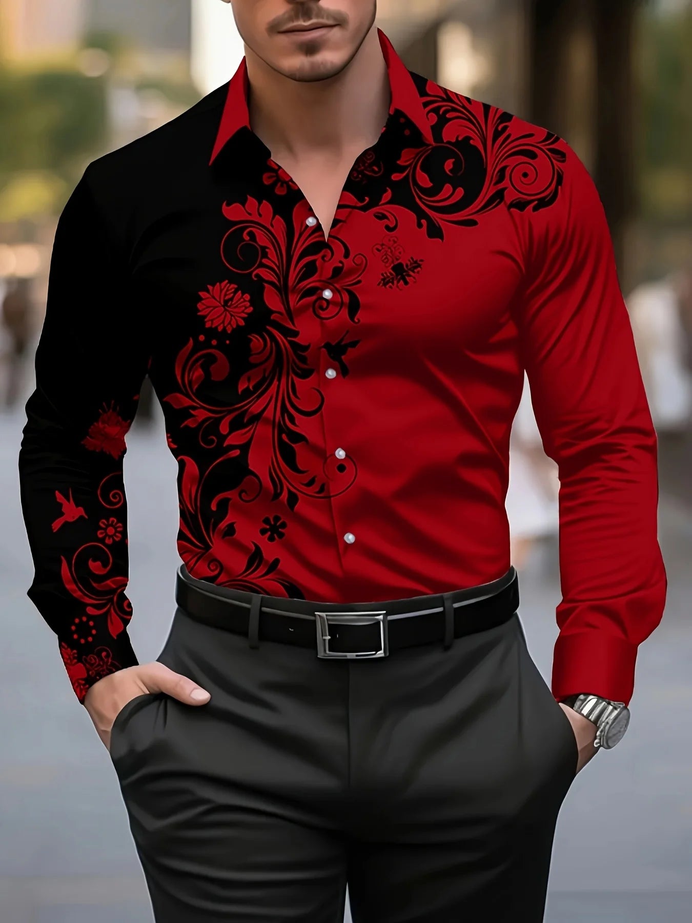 Men Stylish Red Floral Print Dress Shirt - Casual Long Sleeve Button-Up Design.