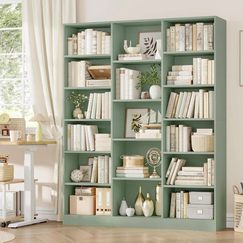 Triple Wide Six Tier Bookshelf 74 Inches Tall Seventeen Open Display Shelves for Living Room Office Library