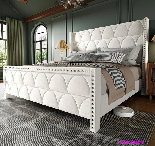 King Size Bed Frame with 56" Headboard - 1000LBS Capacity Support, Velvet Upholstered Wingback Platform Bed Frame.