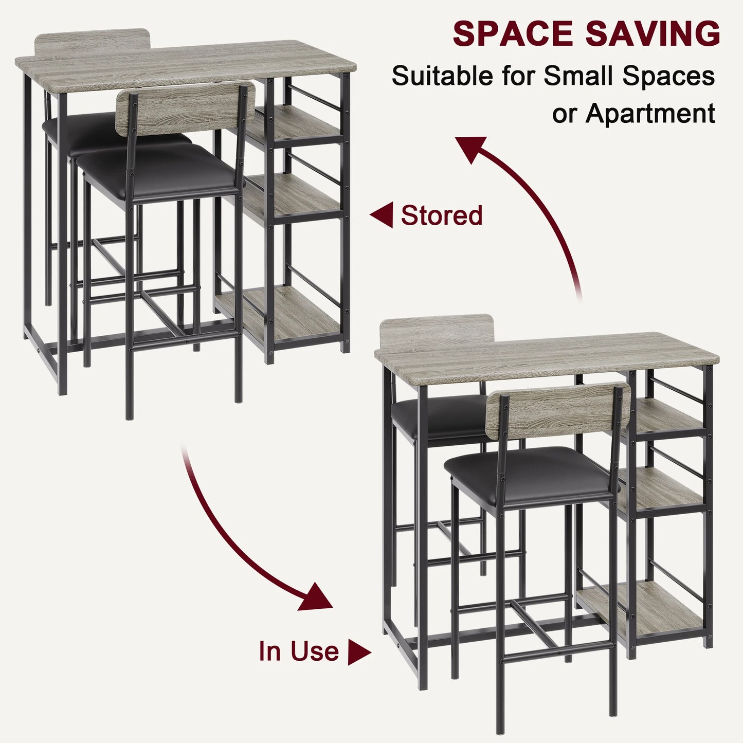 Dining Table Set with 3-Tier Shelves, Bar Kitchen Table Set with 2 Padded Chairs.