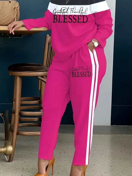 Plus Size Women's Casual Suit, Fashionable Letter Print Striped Color Two-Piece Set.