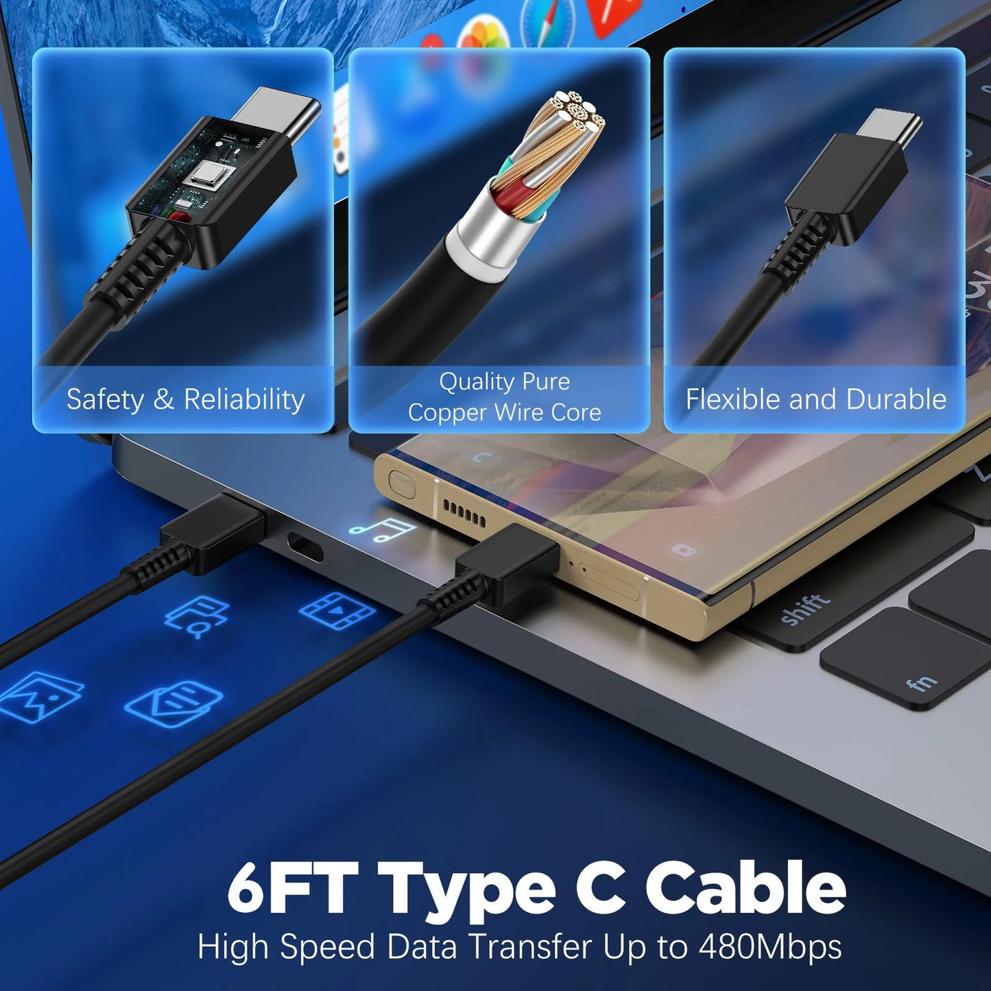 45W Super Fast Charging For Samsung Galaxy, S25 S24 S23 S22 Ultra S21, Plus Note 20, USB C Data Cable Portable Fast Charger Adapter.