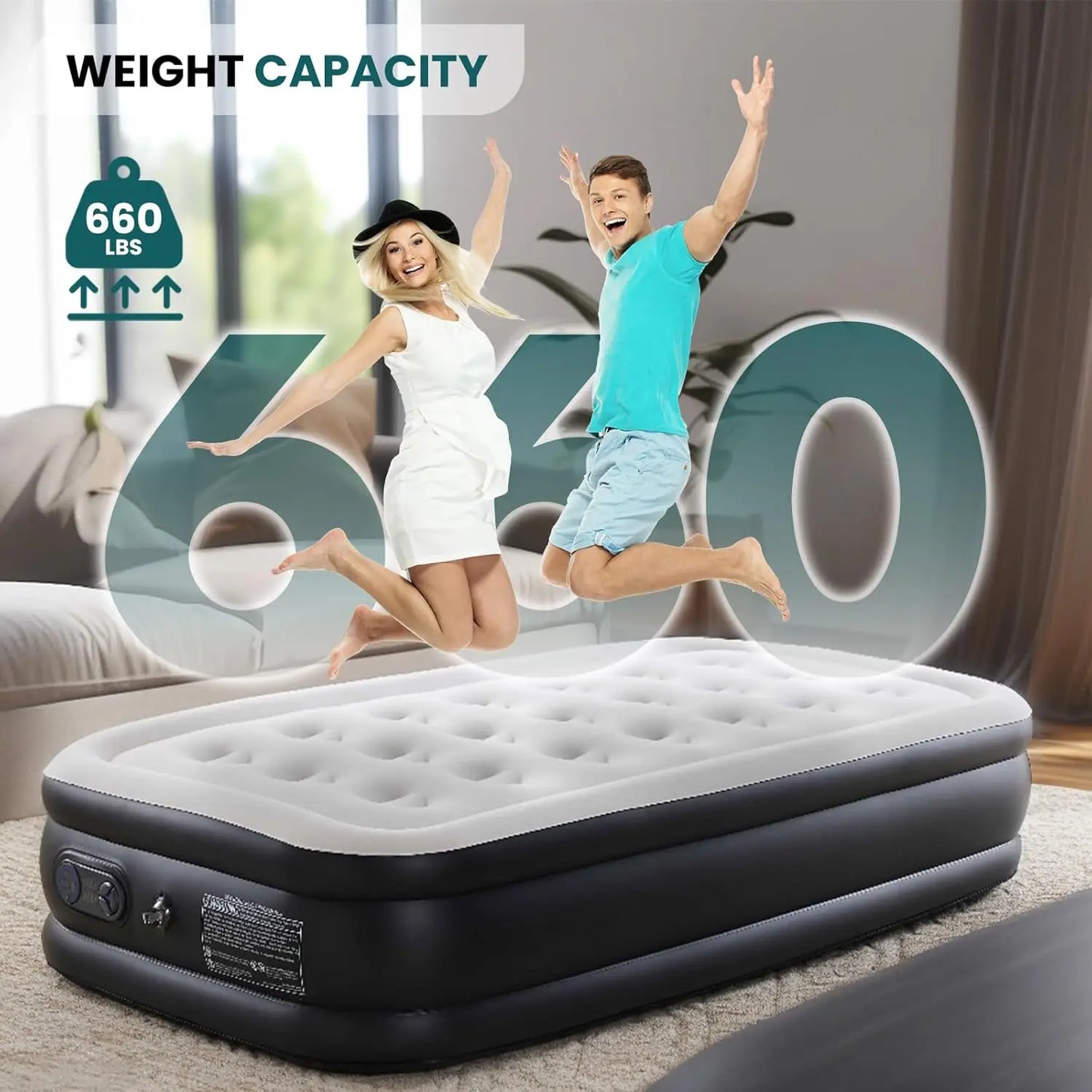 18-Inch Twin Air Mattress with Built-in Pump - Inflatable Bed for Camping, Home & Guests, Non-Slip Bottom, 660 lbs Capacity.