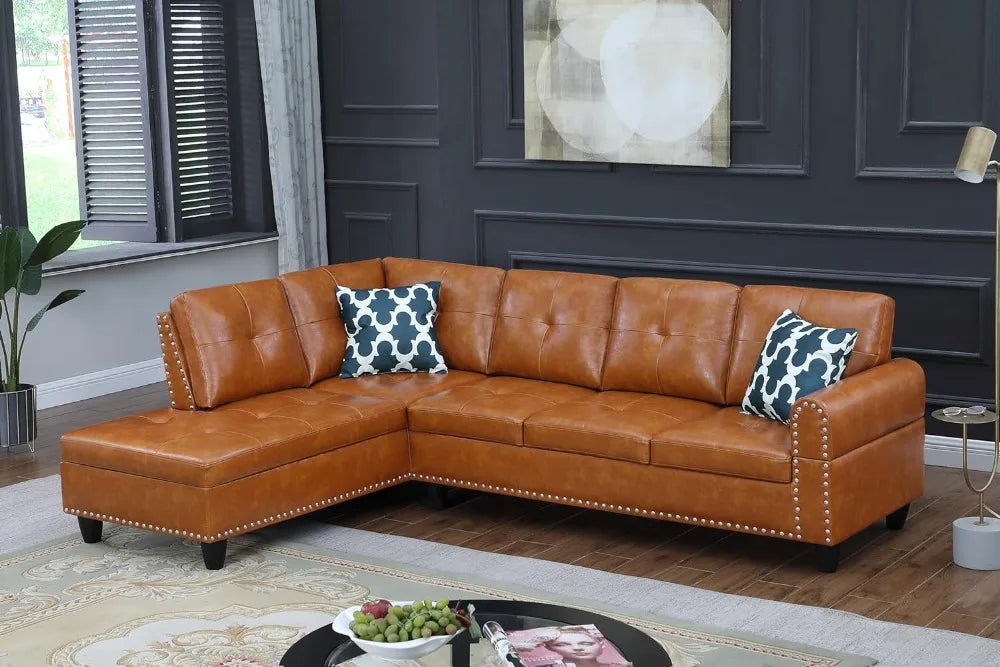 98" L-Shaped Sectional Sofa with Chaise, Cup Holders & Coffee Table.
