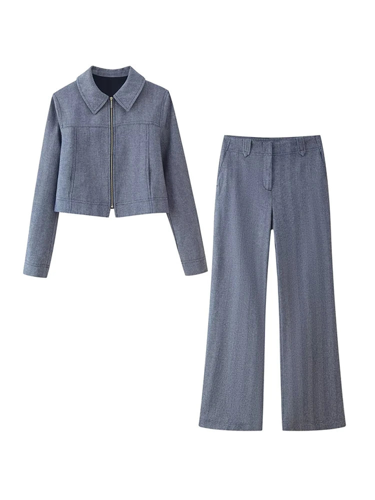 Women's Outwear 2 Piece Set Coats Pants ,Zipper Short Jackets, Straight-Leg Trouser Woman Clothes