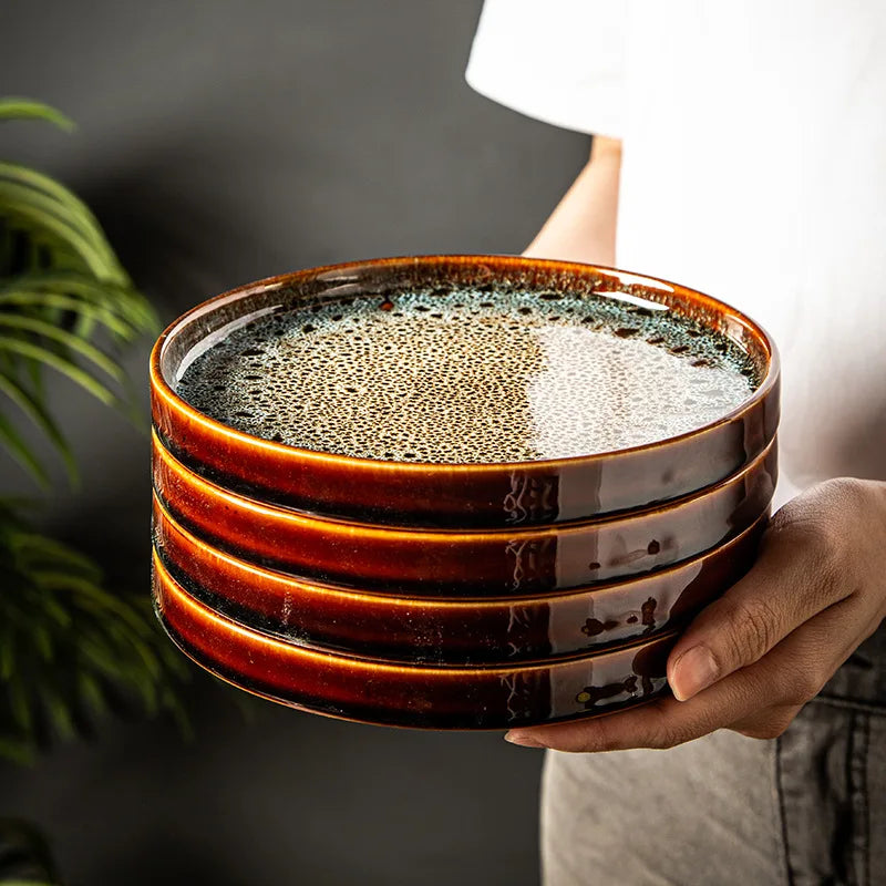 Western Style Dishes Japanese Style, Round Trays Kiln Made Tableware.