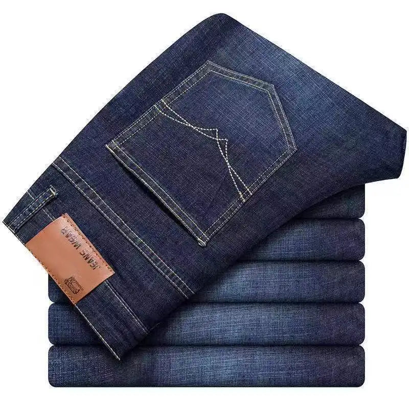New Business Men Jeans, Casual Straight Stretch Fashion, Classic Blue, Black Work Denim Trousers.