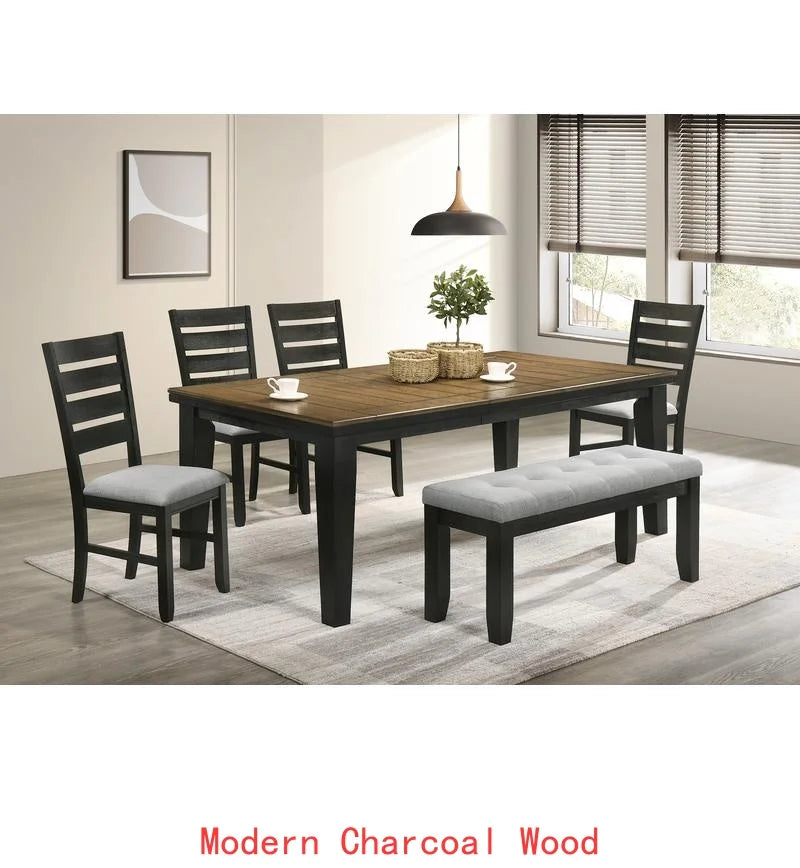 Contemporary 6-Piece Dining Set, 18" Extendable Leaf Table, Upholstered Chairs and Bench, Solid Wood, Brown Finish.