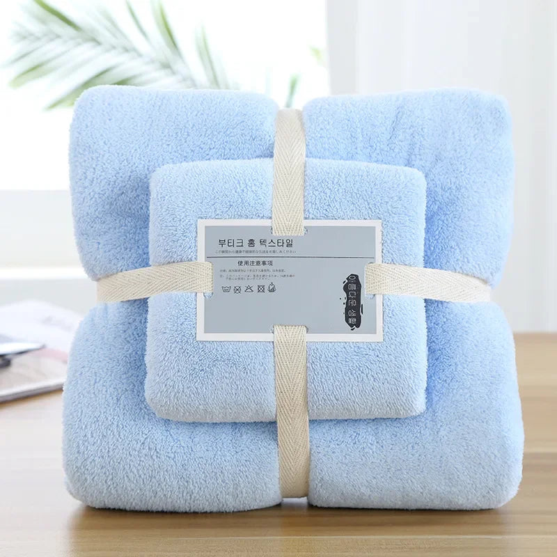 2pcs Set Luxury Super Large Towel Coral Fleece Bath Towel  Set for Adults 70x140cm 35x75cm