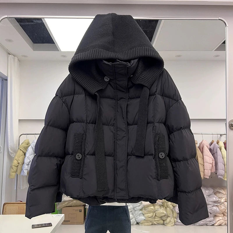 Winter Short Knitted Hooded Down Jacket   Female Zipper Puff Jackets