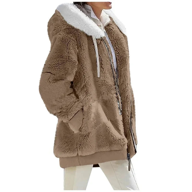 Fashion Women's Coat, Hooded Zipper Lady Cashmere Fleece Jacket.
