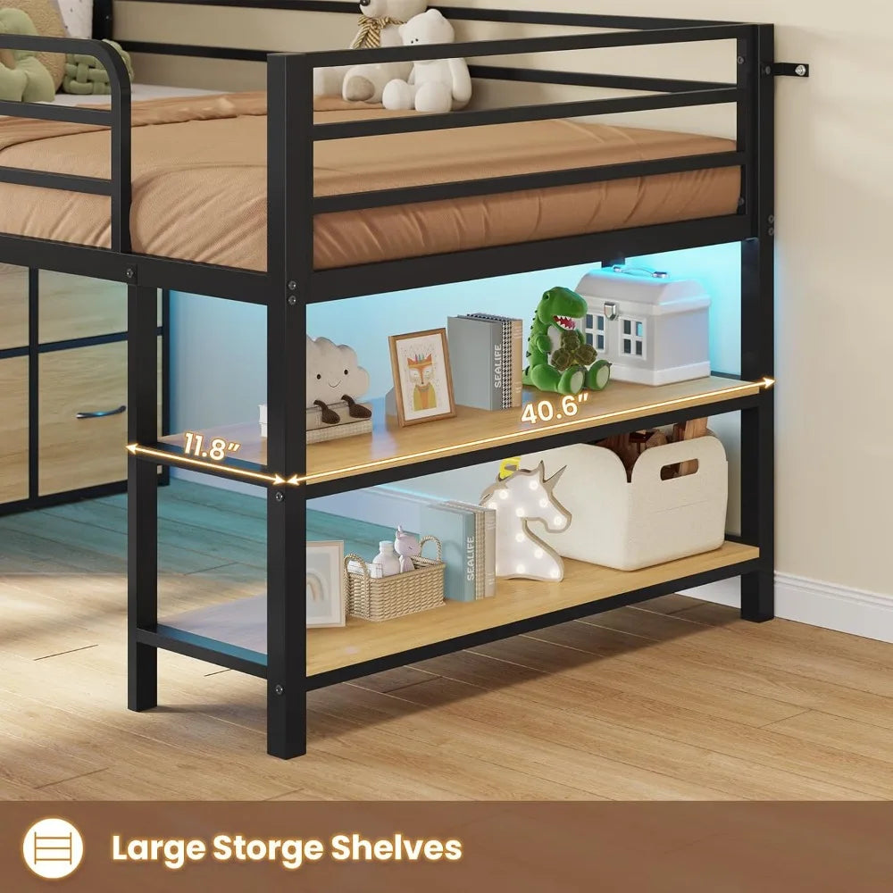 Twin Size Low Loft Bed with 6 Drawers, LED Lighting, 2-Tier Shelves, and 15-Step Safety Ladder for Kids