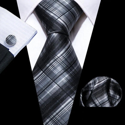 Black White Gray Silver Men Tie Handkerchief Cufflinks Set.