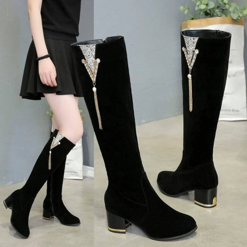 Women Side Zipper Long Boots Thick Heels.