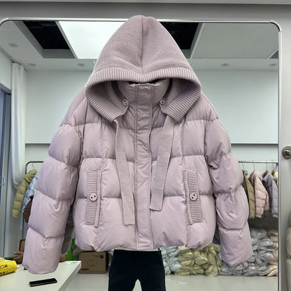 Winter Short Knitted Hooded Down Jacket   Female Zipper Puff Jackets