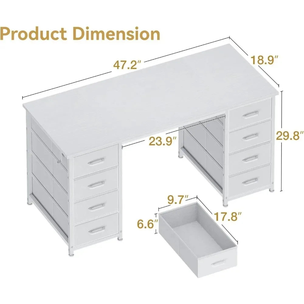48-Inch White Computer Desk with 8 Fabric Drawers, Modern Office Desk for Home Office.