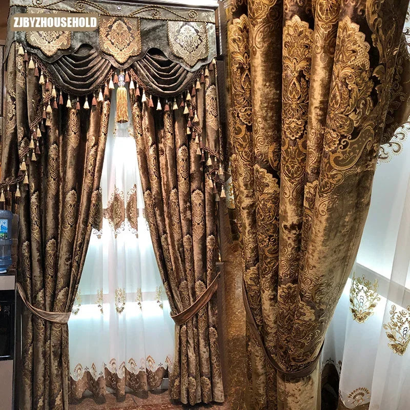 Curtains for Living Room, Dining, Bedroom, High Window Luxury Print Velvet Carved Gold