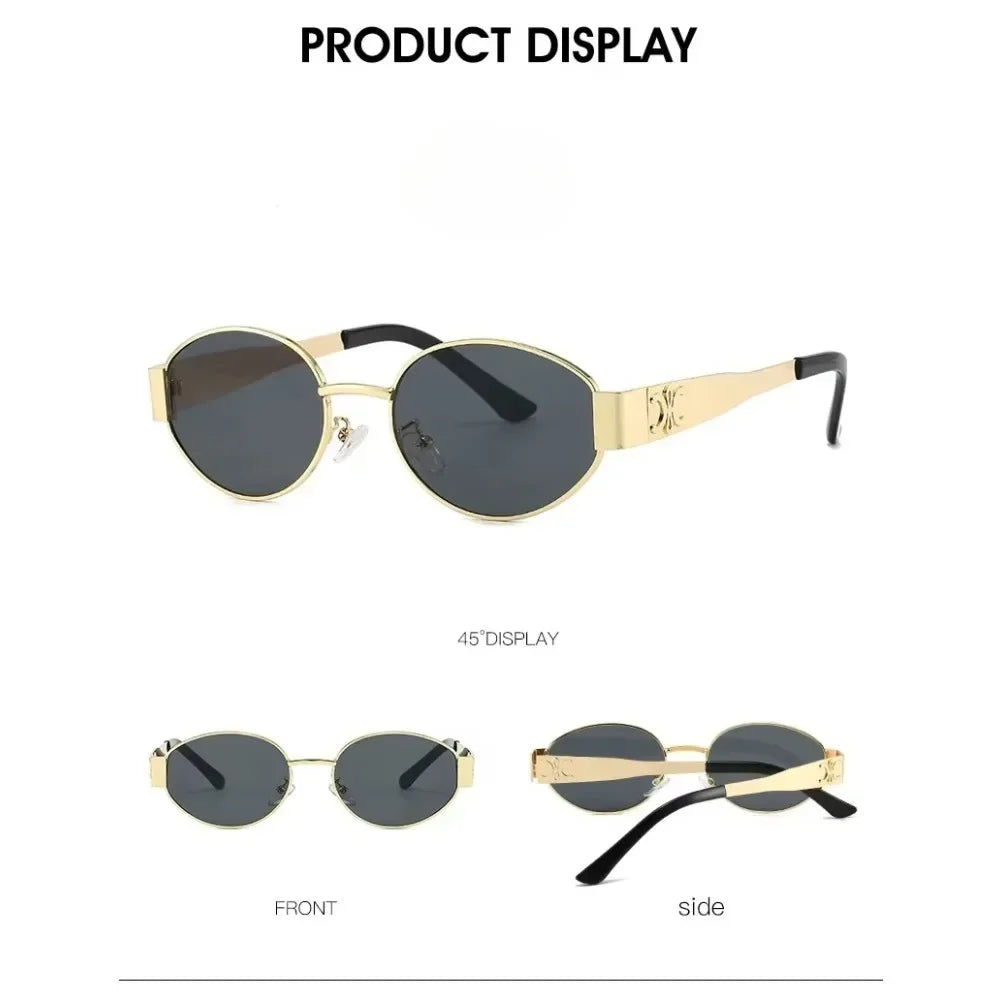 Luxury Metal Brand Sunglasses for Men and Women, Unisex Designer Fashion Sun Glasses Oval Stylish Eyewear Shades.