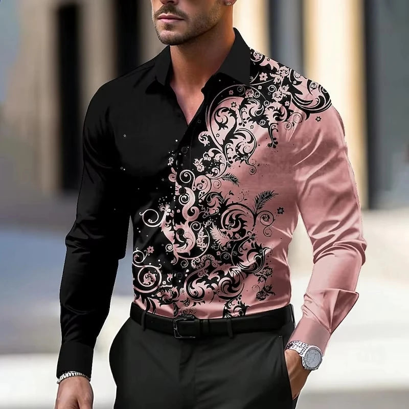 Men Stylish Red Floral Print Dress Shirt - Casual Long Sleeve Button-Up Design.