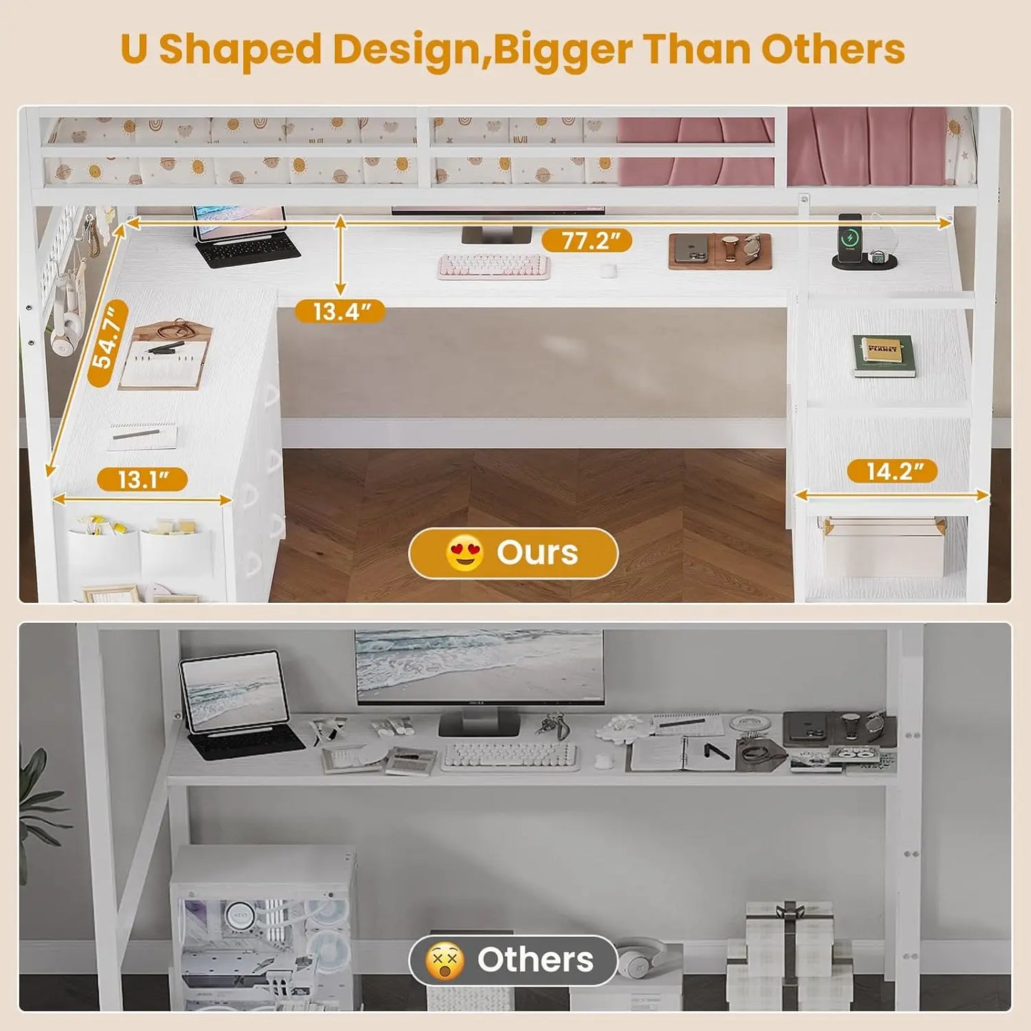 Loft Bed Full Size with U-Shaped Desk, 6 Storage Drawers, Power Outlet, LED.