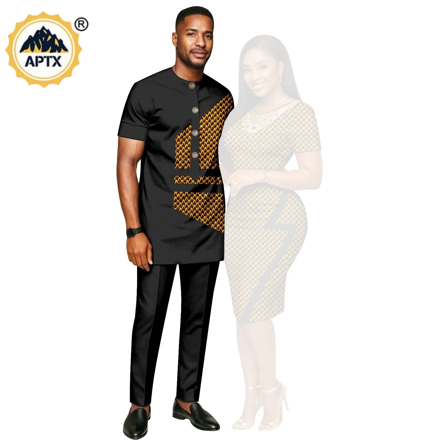 African Print Slim Hip Knee-length Dresses for Women, Matching Couple Outfits Dashiki Men Patchwork Top and Pant Sets 26C019.
