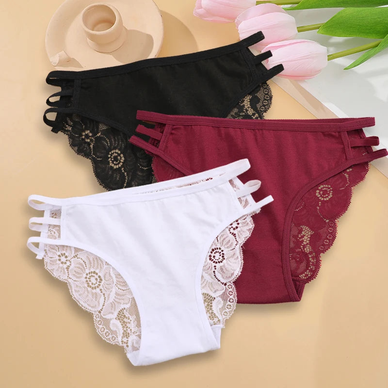 3PC/Set Women Sexy Floral Lace Panties, Low Rise Hollow Out Briefs, Transparent Female Elastic Straps Soft Lingerie.