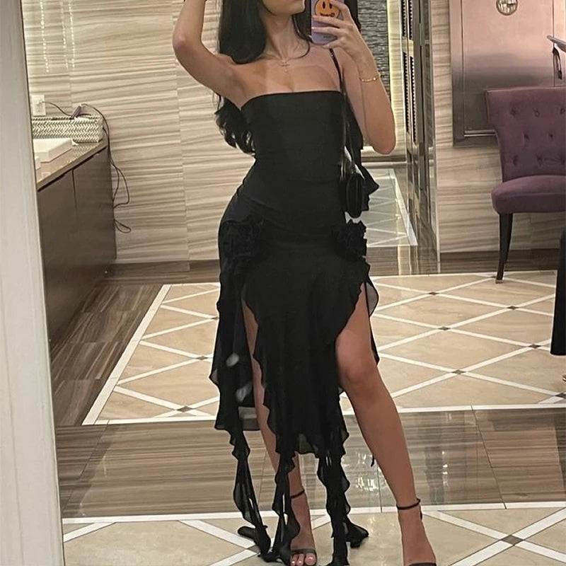 Women Strapless Sexy Floral Fold Hemline, High Slit, Mini Dress 2024 Solid