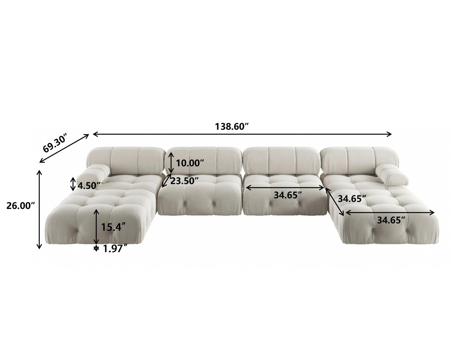 138" Modular Sectional Couch Modern U-Shaped Velvet Sofas for Living Room, Deep 4-Seat Sofas with 2 Ottomans.