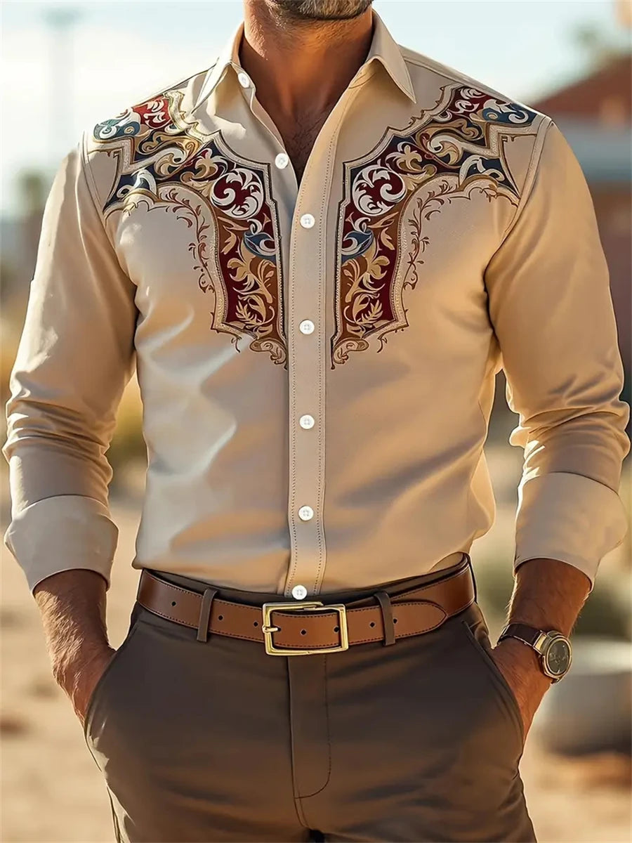 Men Long Sleeve Shirt, 3D Printing Style Vintage Denim Comfortable High Quality.