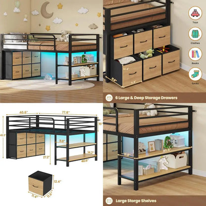 Twin Size Low Loft Bed with 6 Drawers, LED Lighting, 2-Tier Shelves, and 15-Step Safety Ladder for Kids