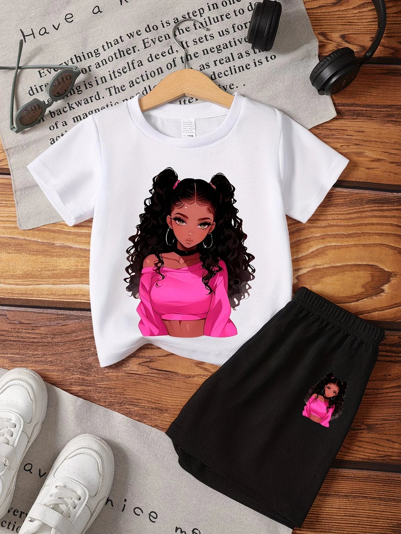 Kawaii Anime Print Kids Sport Suit, 2-Piece Set Girls Casual Summer Clothes.
