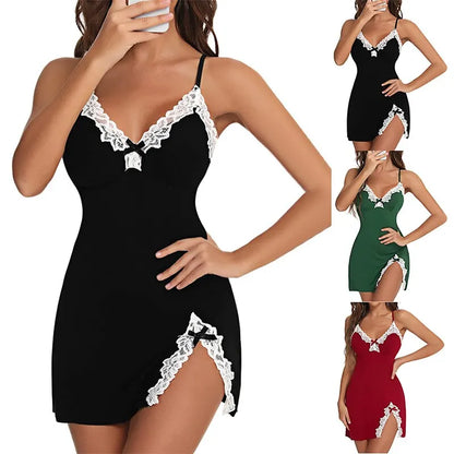 Sexy Sleepwear Women Lace Silk Satin V-Neck Nightgown