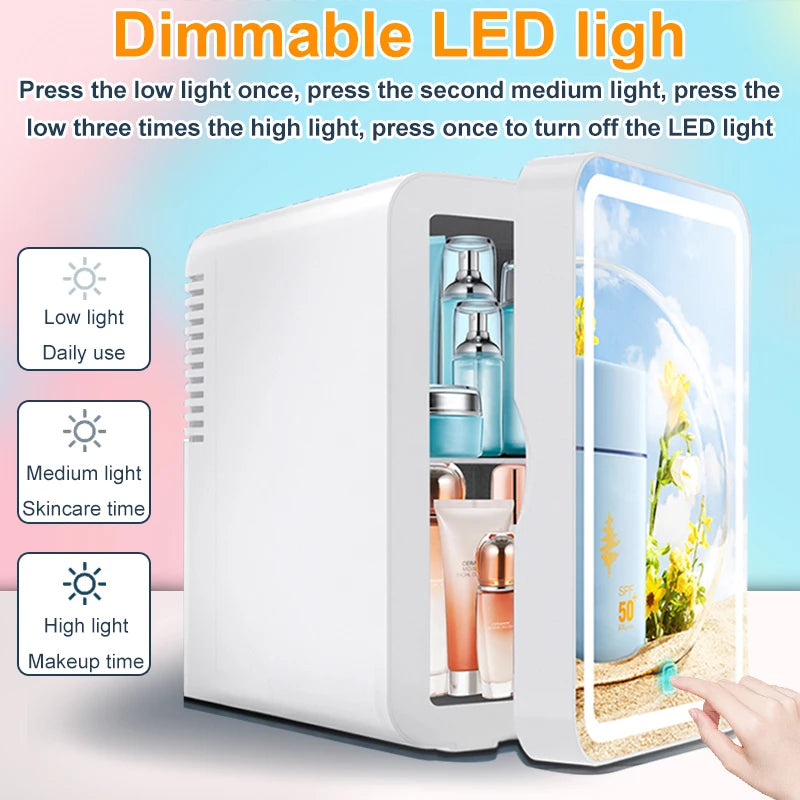 6L mirror beauty makeup refrigerator, skin cosmetics care hot and cold storage, portable LED mini refrigerator.
