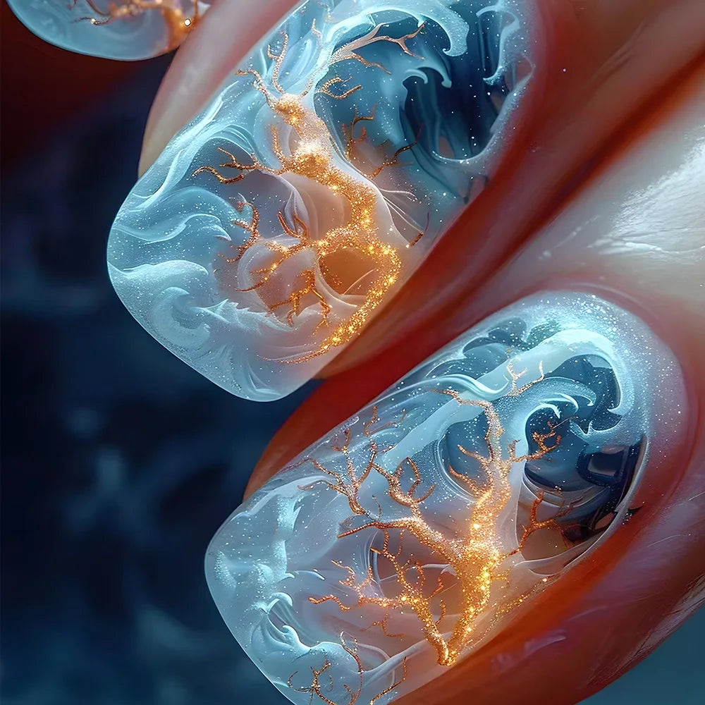 24pcs Golden Stripe Press on Nails Long Square False Nails Full Cover Nail Tips.