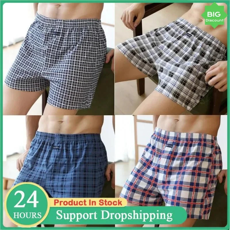 Plus Size 100% Cotton Plaid Boxer Shorts Widen Waist Underwear.