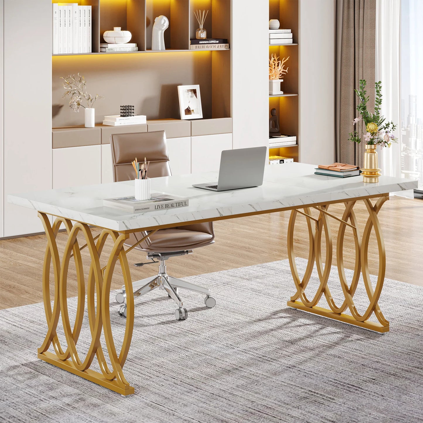 Modern Office Desk, 70.9" Wooden Computer Desk, Executive Desk with Gold Metal Legs, Large Workstation Home Office.