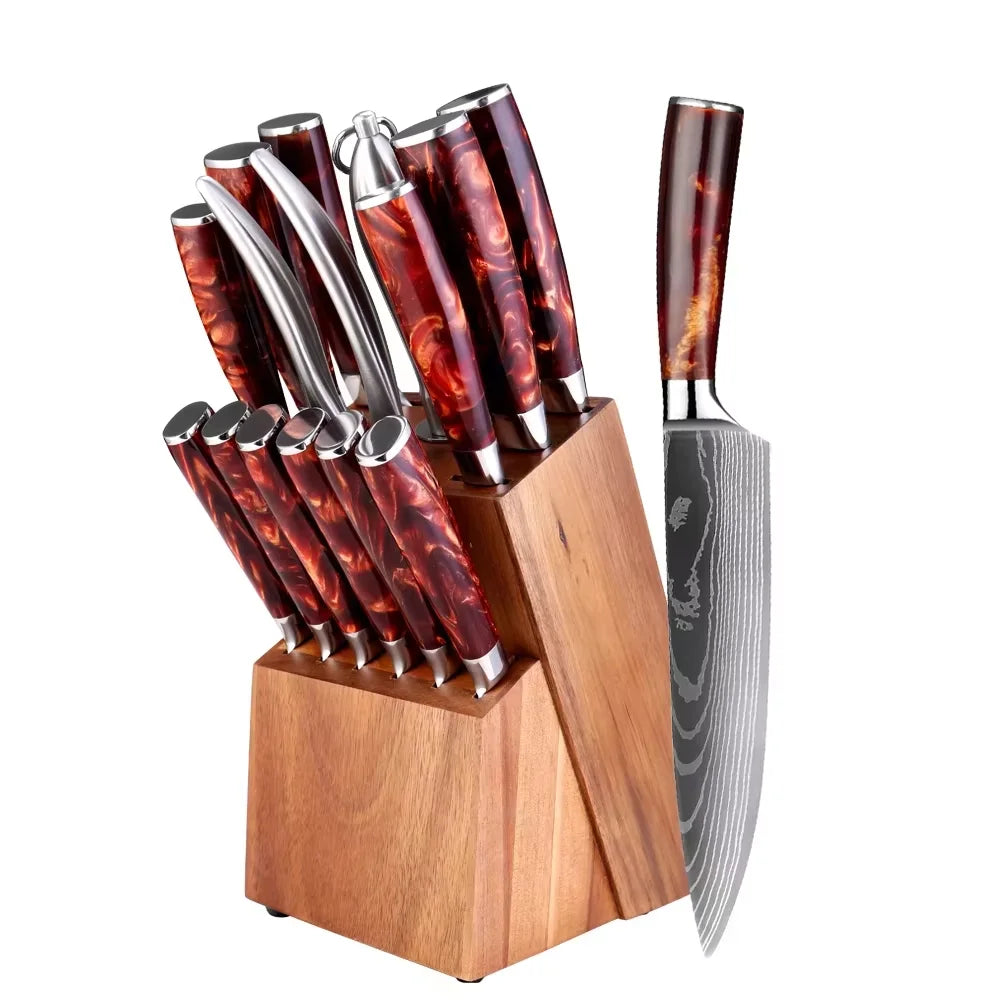 Knife Set 15-Piece Kitchen Set With Wooden Block, Laser Damascus Pattern Steel, Pro Chef ,With Scissor Sharpening Rod.