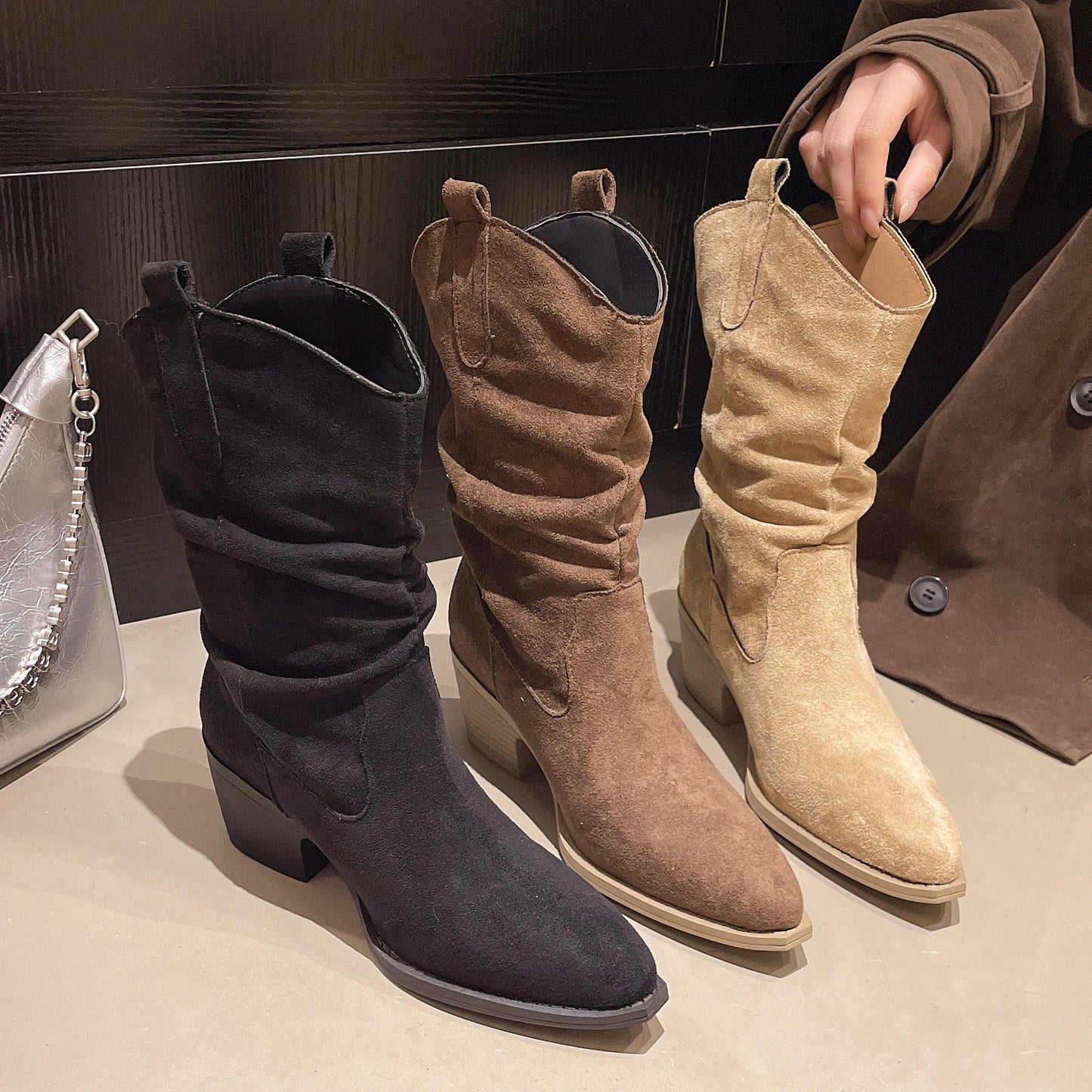 Women Autumn & Winter Flocked Mid Calf Boots, Non Slip Western Boots.