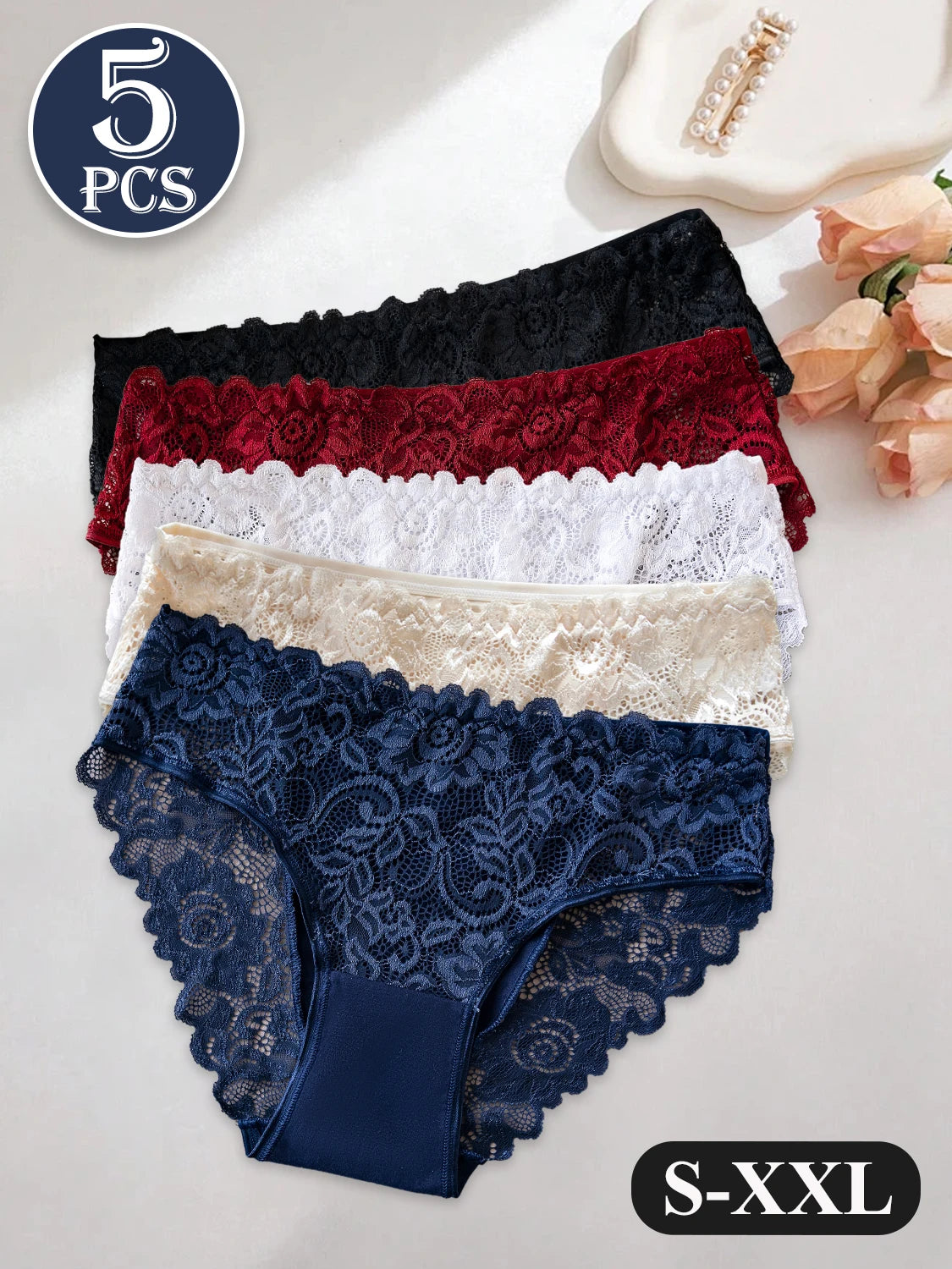 5PCS High End Lace Panties for Women, Pure Cotton Crotch Breathable Sexy Briefs Solid Color.