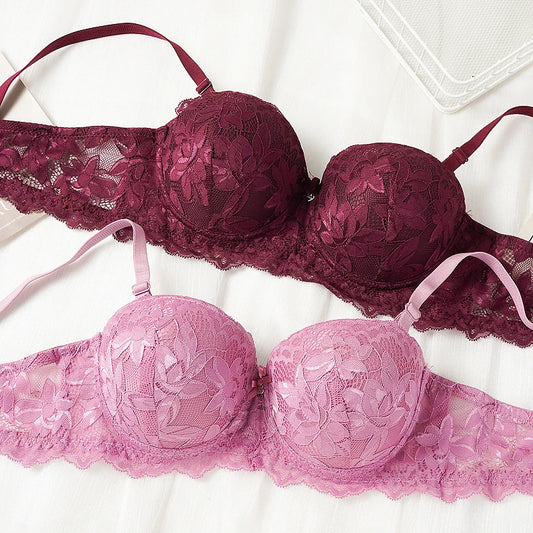 Women's Push Up Half Cup Bras, French Lace Floral Thicken Bottom, Gathered Underwire 36-42 Cup Soft Underwear.