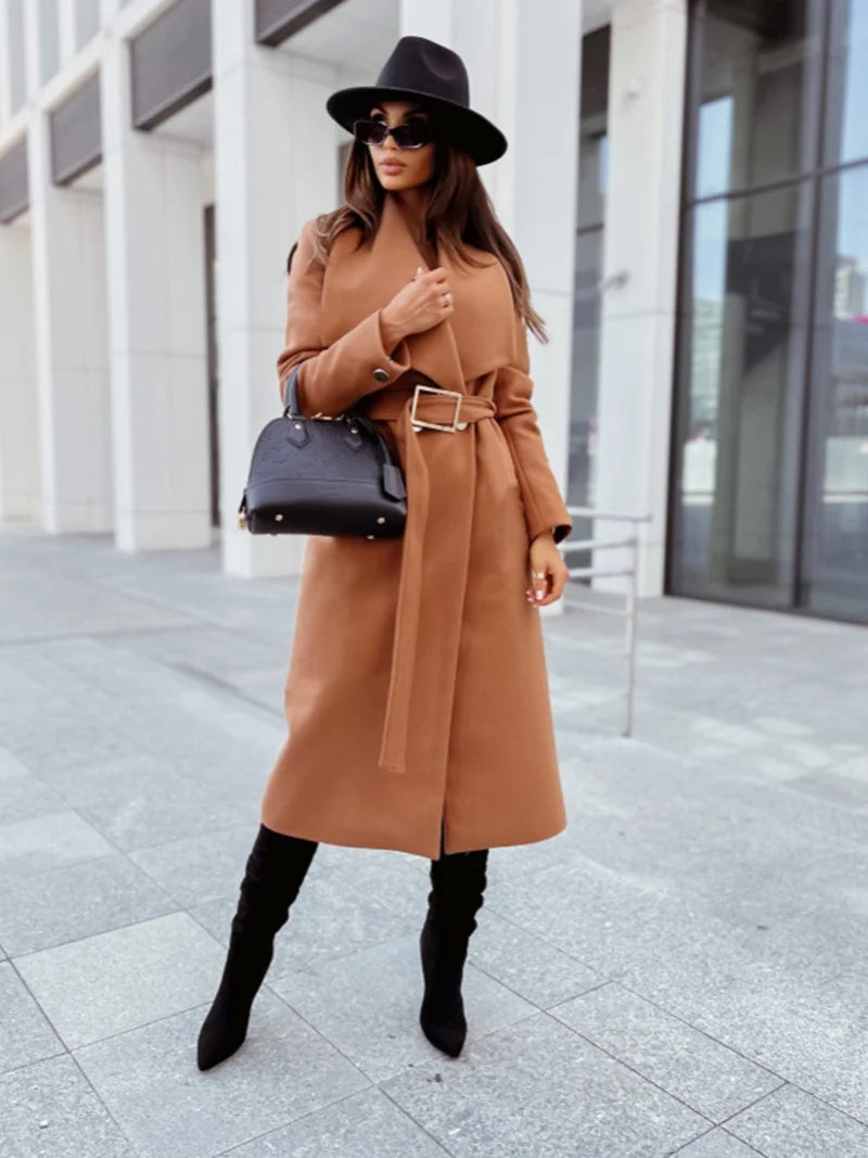 Women's Coat - Belted Wrap Winter Overcoat with Wide Lapel.