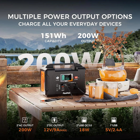 200W Portable Power Station with 110V AC Outlet, DC and USB Ports for Home Backup and Camping.