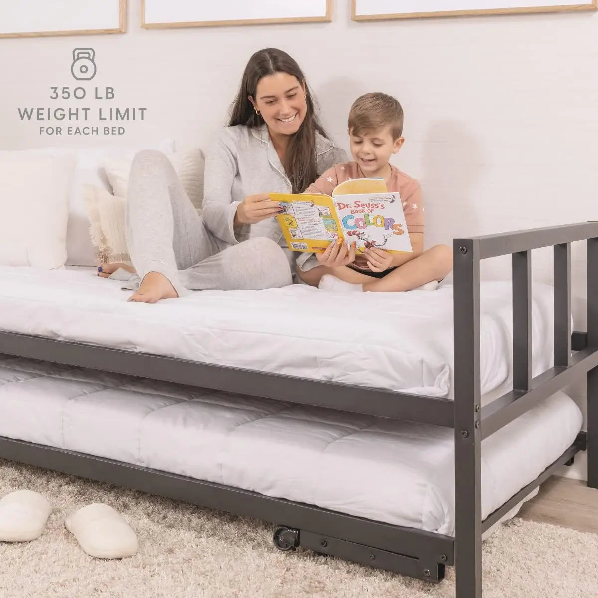 Twin Daybed and Fold- Up Trundle Set, with Pop Up Trundle, Black Frame - Mattresses Sold Separately.
