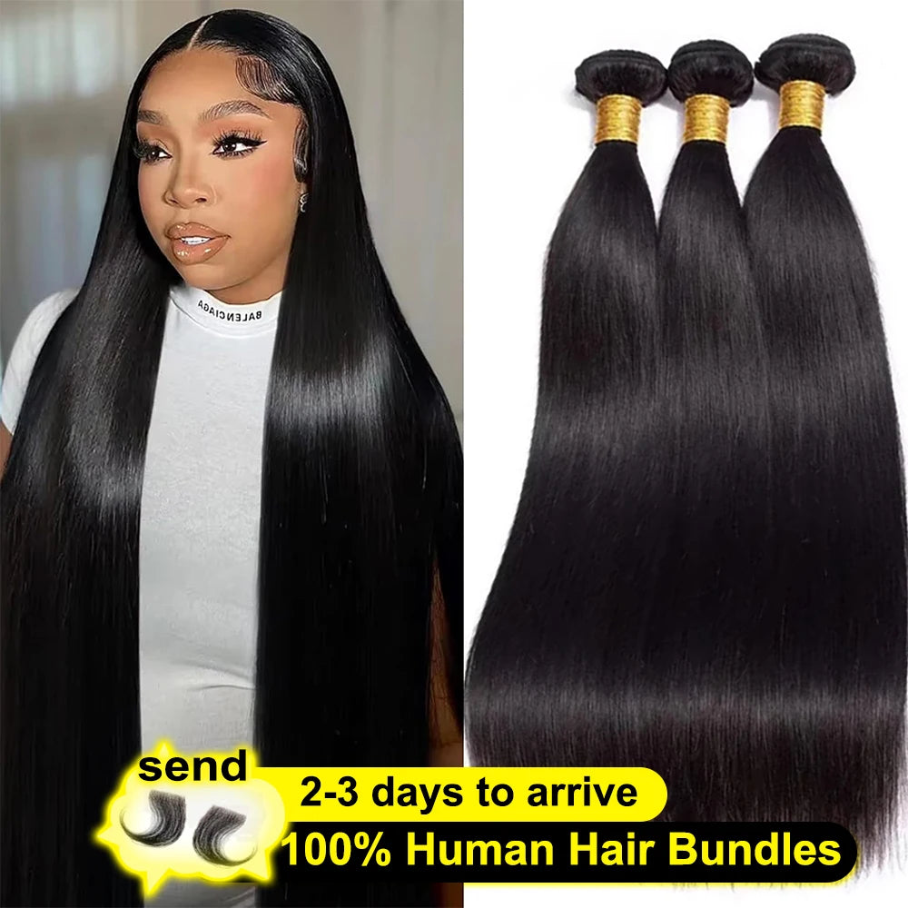 12A Straight Human Hair Bundles 100% Human Hair, 30 32 40 Inch Raw Hair Extensions, Black Remy Weave 3 4 Bundles.