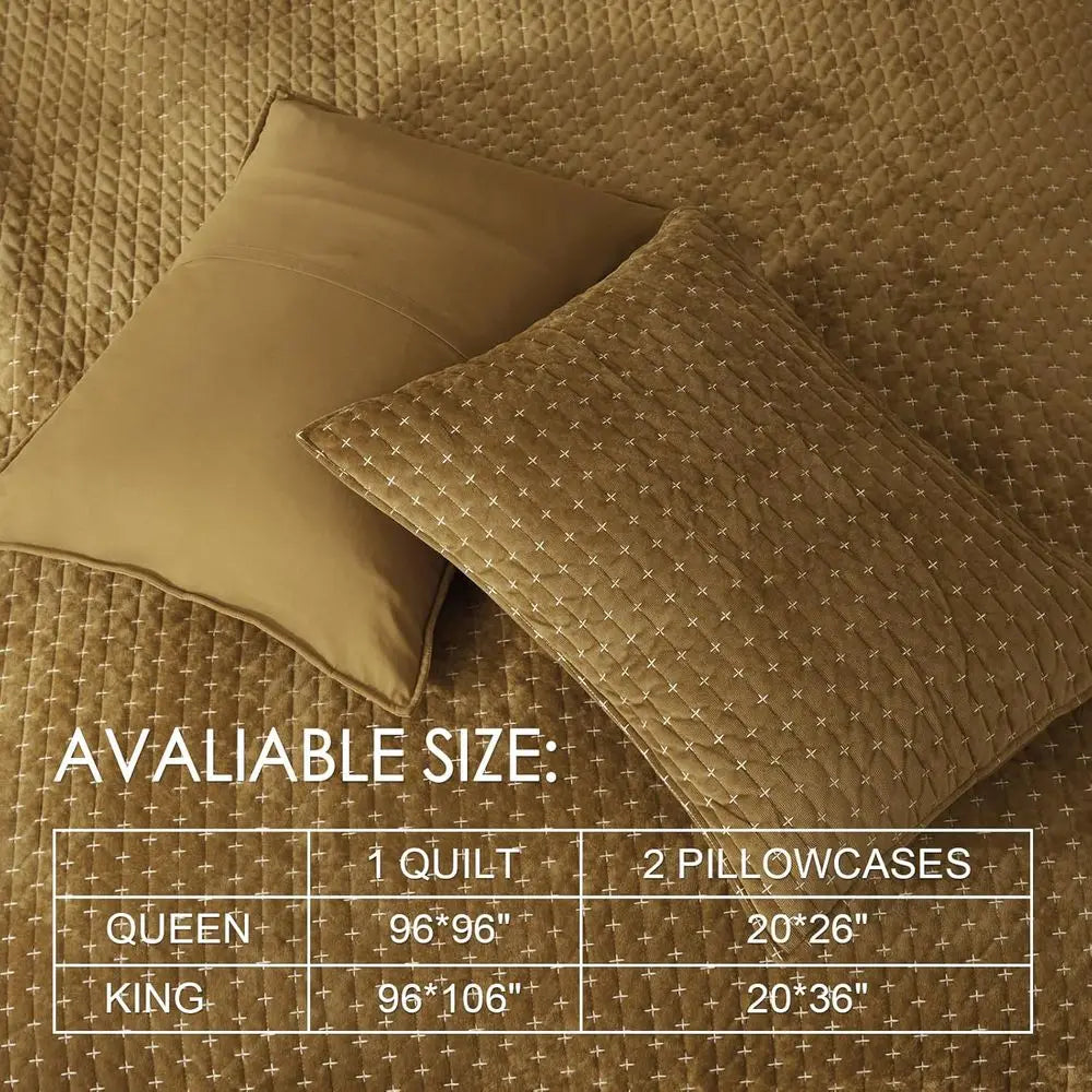 Luxurious King Size Velvet Quilted Coverlet Set with Pillow Shams in Brown, 96x106 Striped Comforter.